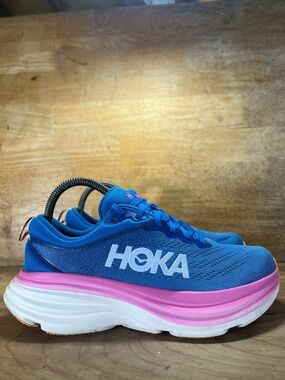 Hoka One One Bondi 8 REFLECTIVE Womens Size 7.5 Running Shoes Sneakers Blue Pink